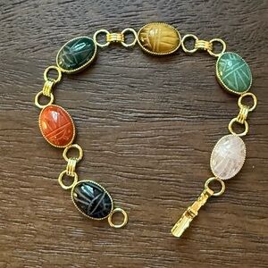 Natural Gemstone Carved Scarab Gold Plated Bracelet
